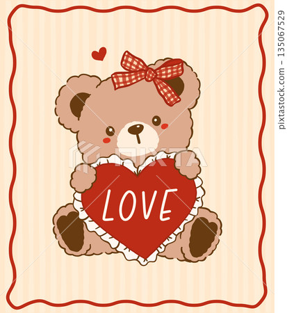 Kawaii Vintage Valentine Teddy Bear Girl Hugging Heart Riffon Nostalgia Cartoon Doodle Hand Drawn 135067529