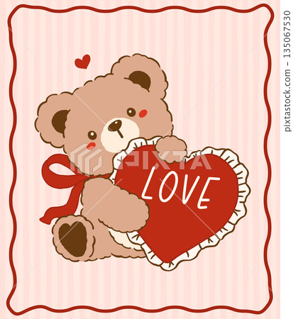 Kawaii Vintage Valentine Teddy Bear Hugging Heart Riffon Nostalgia Cartoon Doodle Hand Drawn 135067530