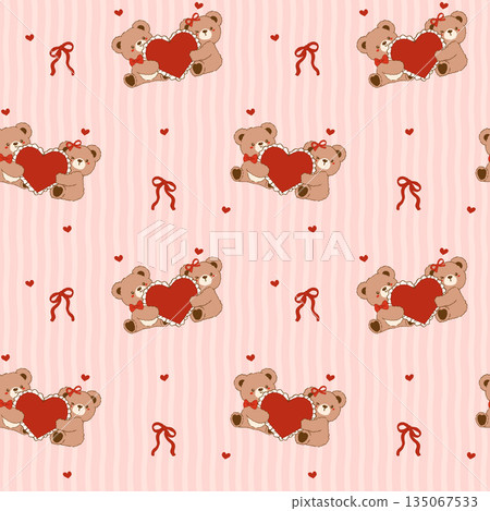 Retro Coquette Valentine seamless pattern vintage Teddy Bears Couple Hugging Heart Frame Striped Shabby Chic Preppy Printable Background Retro Coquette Valentine seamless pattern vintage Teddy Bears Couple Hugging Heart Frame Striped Shabby Chic Preppy Printable Background 135067533
