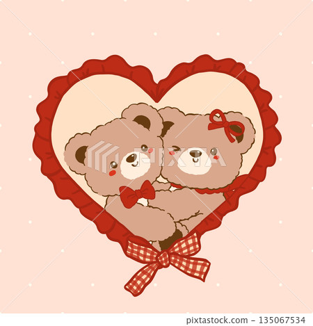Vintage Nostalgia Teddy Bear Valentine hugging in Red Heart Frame with Ruffle Border Cartoon Doodle Hand Drawn 135067534