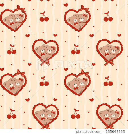Y2K Coquette Valentine seamless pattern vintage Teddy Bears Couple Hugging in Heart Frame Striped Shabby Chic Preppy Printable Background Y2K Coquette Valentine seamless pattern vintage Teddy Bears Couple Hugging in Heart Frame Striped Shabby Chic Preppy Printable Background 135067535