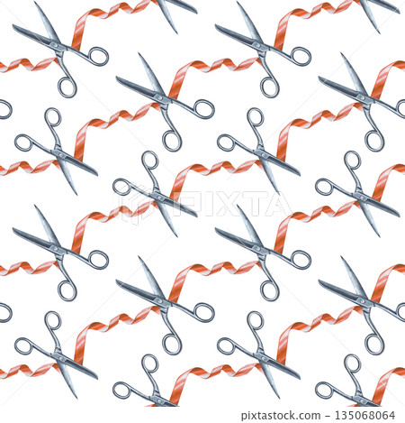 Diagonal seamless pattern with iron scissors cutting the red ribbon. Watercolor illustration on an isolated background. A home work tool and a dressmaker's tool. Realistic background for packaging 135068064