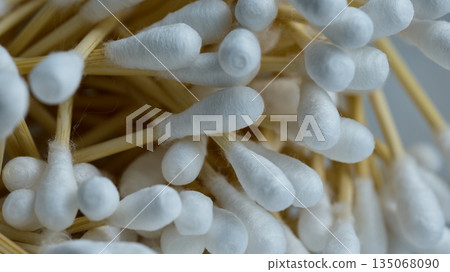 Sustainable Bamboo Cotton Buds in a Close Up Pile. High quality photo 135068090