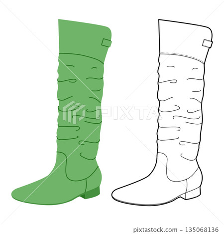 Green wrapped slouchy knee-high boot women flat plus line set. Ruched texture with buckle detail for music night. 135068136