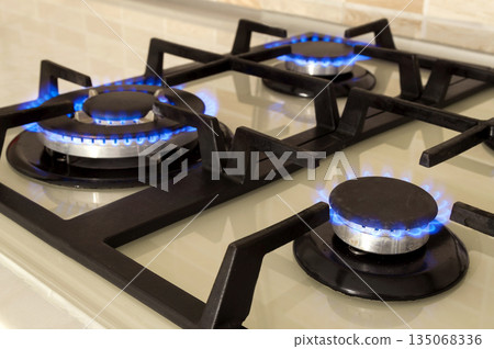 Closeup shot of blue fire from domestic kitchen stove top. Gas cooker with burning flames of propane gas. Industrial resources and economy concept. 135068336