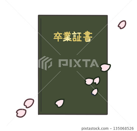 Illustration of a green graduation certificate with falling cherry blossoms Illustration of a green graduation certificate with falling cherry blossoms 135068526