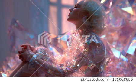Model sits in crystal-like setting with light reflecting on her skin in a creative space 135068699