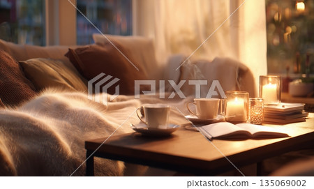 Soft morning setting with coffee cups and candles on a wooden table near a cozy couch 135069002