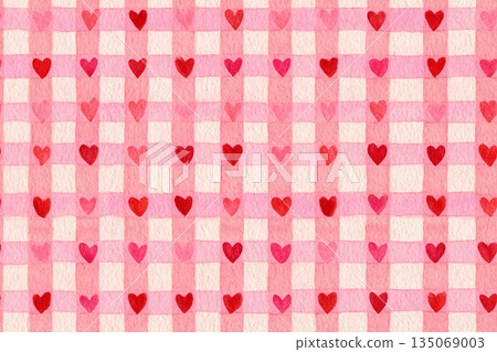 Watercolor pink and red heart checkered pattern 135069003