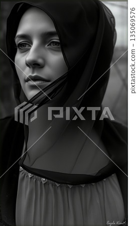 Portrait of a Woman in a Black Mourning Veil on Her Head 135069576