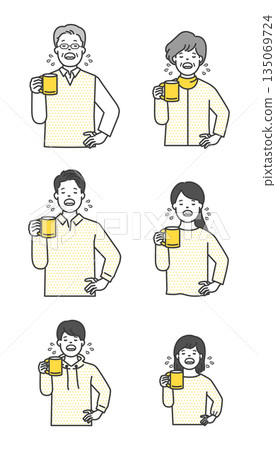 一組插圖向量圖，描繪了一個人拿著杯子漱口的場景。 135069724