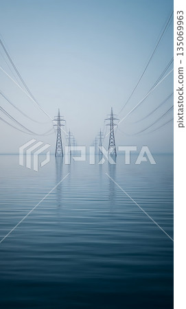 Power Lines Across Water Electrical Towers Reflect in the Calm Blue Sea 135069963
