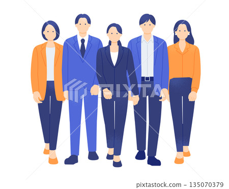 年輕的商務人士邁向未來。插圖描繪了五位身著西裝和休閒商務裝的男士和女士。 135070379