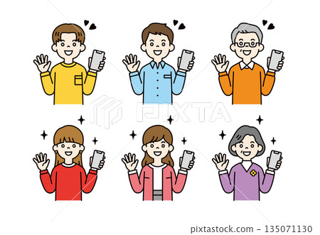 Vector illustration material set of men and women of various ages holding smartphones and spreading their arms in joy _ color 135071130