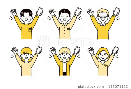 一套簡單的上半身向量插圖,描繪了一個三代同堂的家庭,他們手持智慧型手機,雙手高舉,笑容燦爛。 一套簡單的上半身向量插圖,描繪了一個三代同堂的家庭,他們手持智慧型手機,雙手高舉,笑容燦爛。 135071132