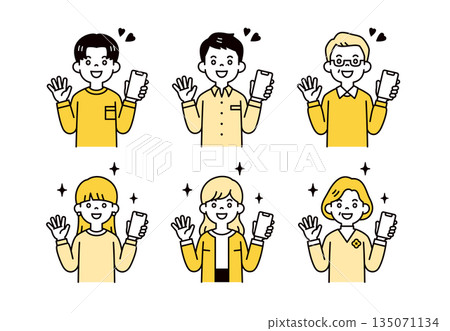 A simple vector illustration set of a three-generation family of men and women smiling and happy with a smartphone 135071134