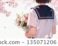 櫻花盛開時的畢業典禮：學生們手捧花束的背影 2 135071206