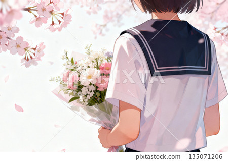 櫻花盛開時的畢業典禮：學生們手捧花束的背影 2 135071206