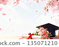 一幅描繪春日畢業典禮的溫馨插圖：櫻花和畢業證書。 135071210