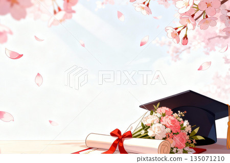一幅描繪春日畢業典禮的溫馨插圖：櫻花和畢業證書。 135071210