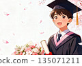 春日景象，慶祝畢業和新的開始，櫻花、畢業證書和鮮花。 135071211