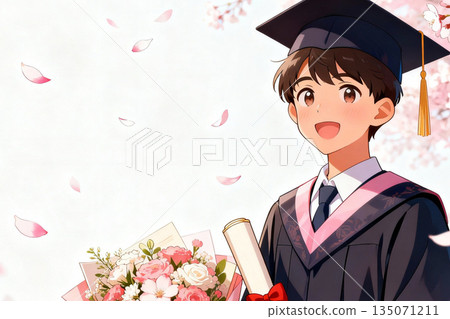 春日景象，慶祝畢業和新的開始，櫻花、畢業證書和鮮花。 135071211