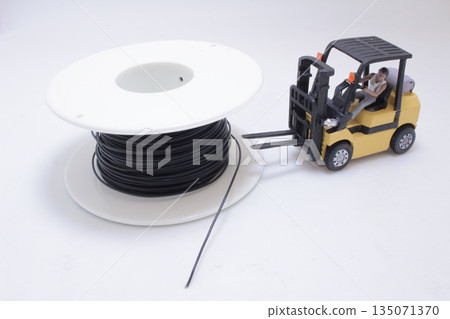 Miniature Forklift And Large Wire Spool: Industrial Toy Scene I 135071370