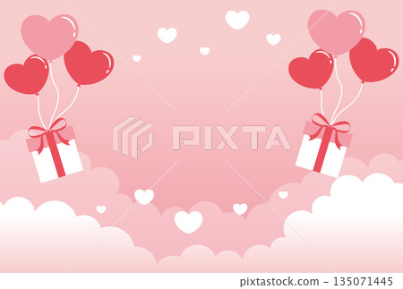 Background illustration for Valentine's Day of heart-shaped balloons and gift boxes floating in the sky 135071445