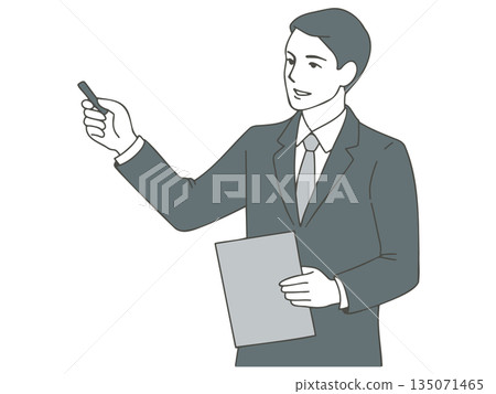 插圖素材：一名身穿西裝的男子手持文件，正在解釋，圖中人物為上半身。 135071465