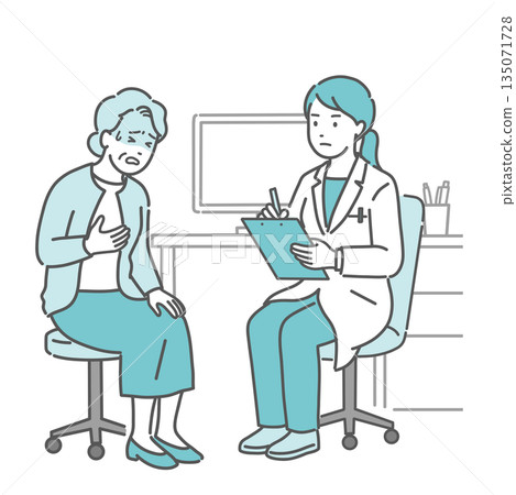 一位老婦人抱怨身體不適，一位女醫生（穿白大褂，進行醫療問診） 135071728