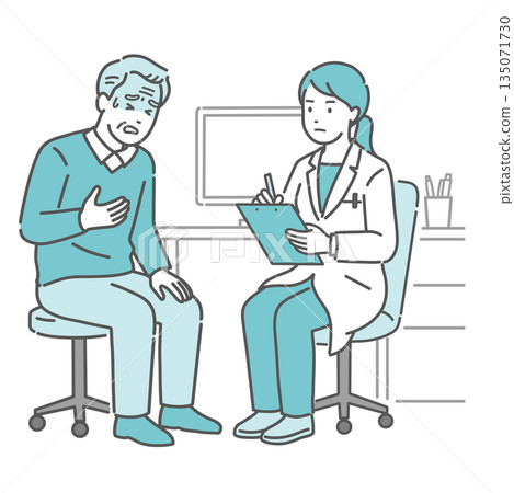 An elderly man complaining of poor health and a female doctor (white coat, medical interview) 135071730