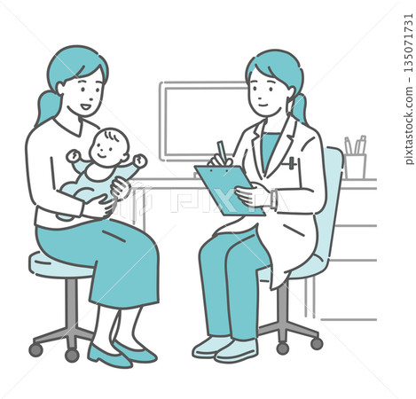 A female doctor taking a medical interview, a baby and a mother (white coat, pediatrics) A female doctor taking a medical interview, a baby and a mother (white coat, pediatrics) 135071731
