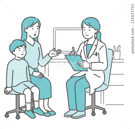 A female doctor and a boy (white coat, pediatrics) conducting an interview 135071733