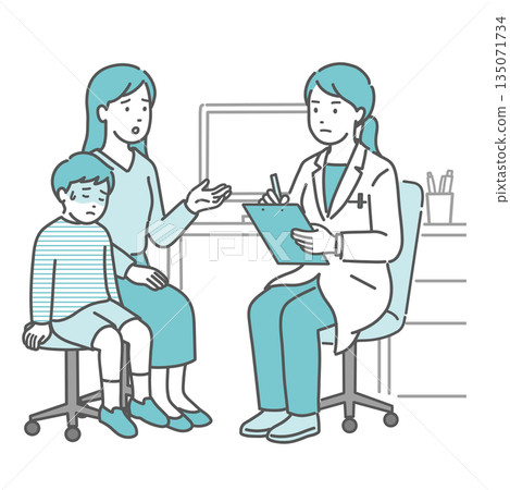 一個男孩抱怨身體不舒服，他的母親，還有一位女醫生（穿白大褂，兒科醫生）。 135071734
