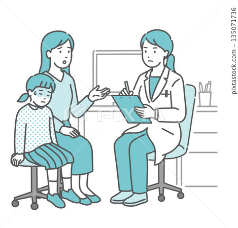 A girl complaining of poor health, her mother, and a female doctor (white coat, pediatrics) 135071736