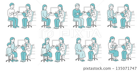 醫療問診和檢查插圖套裝(女醫生和各種病人,共8種) 醫療問診和檢查插圖套裝(女醫生和各種病人,共8種) 135071747