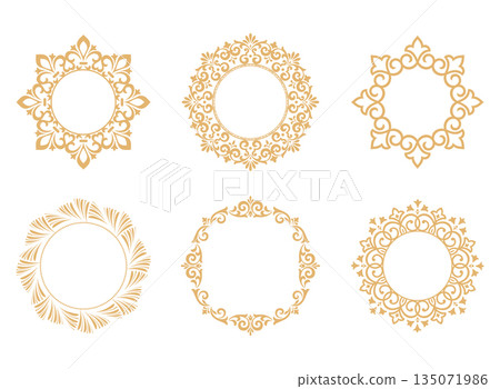 Set of decorative frames Elegant vector element for design in Eastern style, place for text. Floral golden and white borders. Lace illustration for invitations and greeting cards Set of decorative frames Elegant vector element for design in Eastern style, place for text. Floral golden and white borders. Lace illustration for invitations and greeting cards 135071986