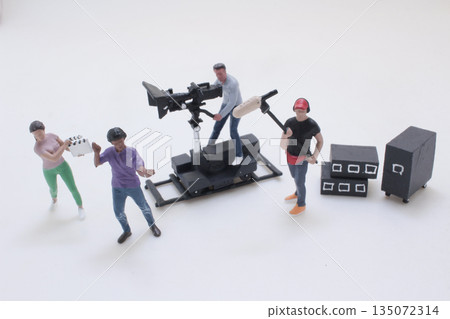 Miniature Film Crew On a Studio Set With Camera, Boom, 135072314