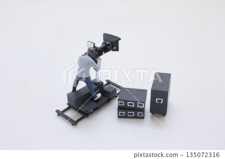 Miniature Film Crew On a Studio Set With Camera, Boom, 135072316