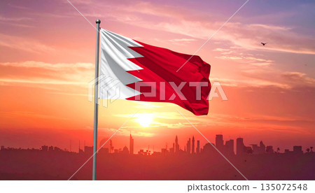 Bahrain Flag Waving at Sunset Bahrain Flag Waving at Sunset 135072548