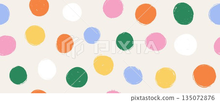 Bright birthday polka dot seamless pattern. Repeated round painted confetti background. Happy colorful dotted wallpaper for Easter wrapping paper, birthday decoration, kid bday nursery decor. Vector 135072876