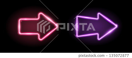 Purple and red neon arrow elements. Pink and purple glowing led direction sign. Shine arrowhead shape tube lamp. Bright luminous fluorescent pointers for banner, poster, logo. Vector neon led lights Purple and red neon arrow elements. Pink and purple glowing led direction sign. Shine arrowhead shape tube lamp. Bright luminous fluorescent pointers for banner, poster, logo. Vector neon led lights 135072877