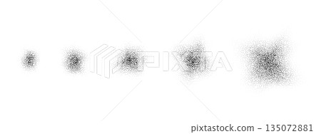 Grain brush stroke set. Stippled noise gradient collection. Dotted splatter overlay spots and stains. Grunge sprinkle dotted spray texture. Abstract dusty sand elements. Vector gritty splashed stains 135072881