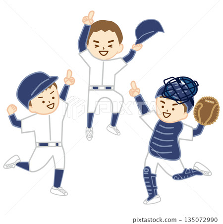 Boys celebrate winning a baseball game and pose as number one 135072990