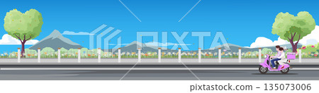 Happy newlywed couple riding a motorcycle on a road through a park. Bride and groom in wedding attire driving with mountain and blue sky background. Just married and honeymoon vector illustration. Happy newlywed couple riding a motorcycle on a road through a park. Bride and groom in wedding attire driving with mountain and blue sky background. Just married and honeymoon vector illustration. 135073006