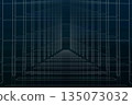 A digital texture with faintly glowing line art resembling the skeleton of a building surrounding it on three sides on a blue-black background 135073032