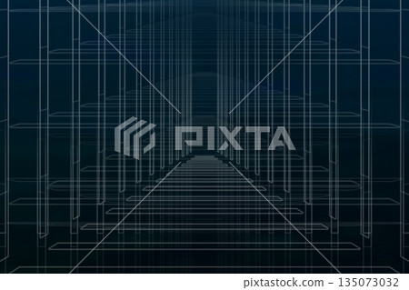 A digital texture with faintly glowing line art resembling the skeleton of a building surrounding it on three sides on a blue-black background 135073032