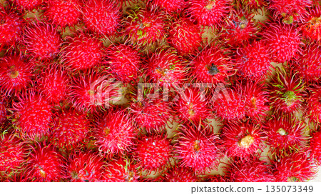 Fresh Red Rambutan Fruits Top View Background, Tropical Exotic Nephelium Lappaceum Fruit in Traditional Market Fresh Red Rambutan Fruits Top View Background, Tropical Exotic Nephelium Lappaceum Fruit in Traditional Market 135073349