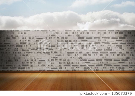 Flat design showing honey wood floor with white-painted brick wall under cloudy sky, copy space Flat design showing honey wood floor with white-painted brick wall under cloudy sky, copy space 135073379