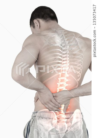 Highlighted spine of man with back pain Highlighted spine of man with back pain 135073417